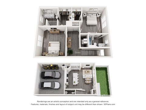 Floor plan for 2 beds, 2.5 baths, 1287 sqft